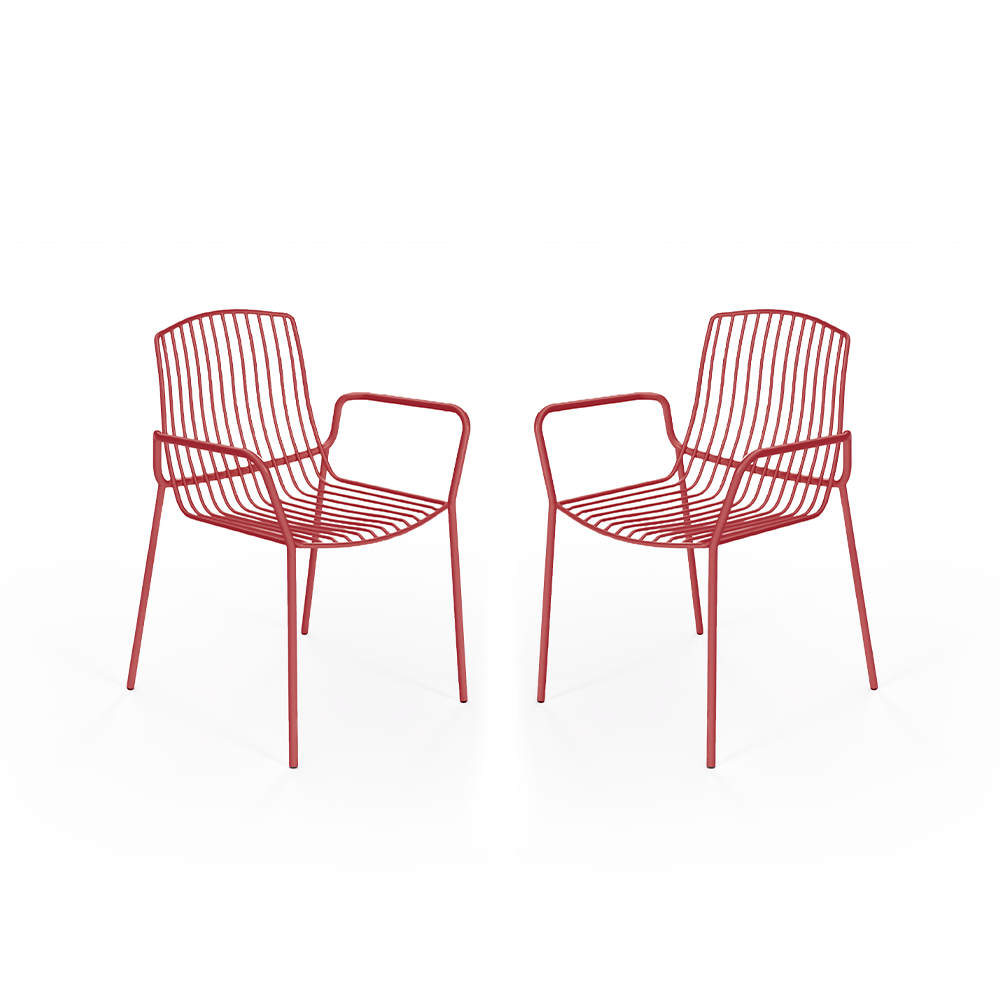 Frame Stackable Metal Garden Chair w/Armrests, Berry Red (Set of 2)