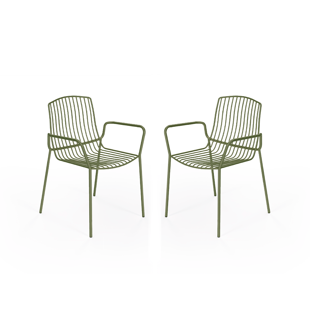 Frame Stackable Metal Garden Chair w/Armrests, Olive Green (Set of 2)