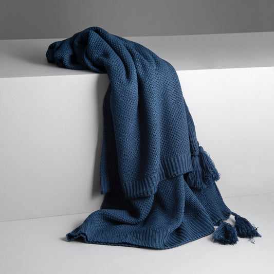 Benjamin Waffle Fringed Knitted Throw / Blanket, Blue