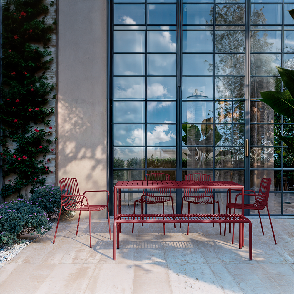 Frame Stackable Metal Garden Chair w/Armrests, Berry Red (Set of 2)