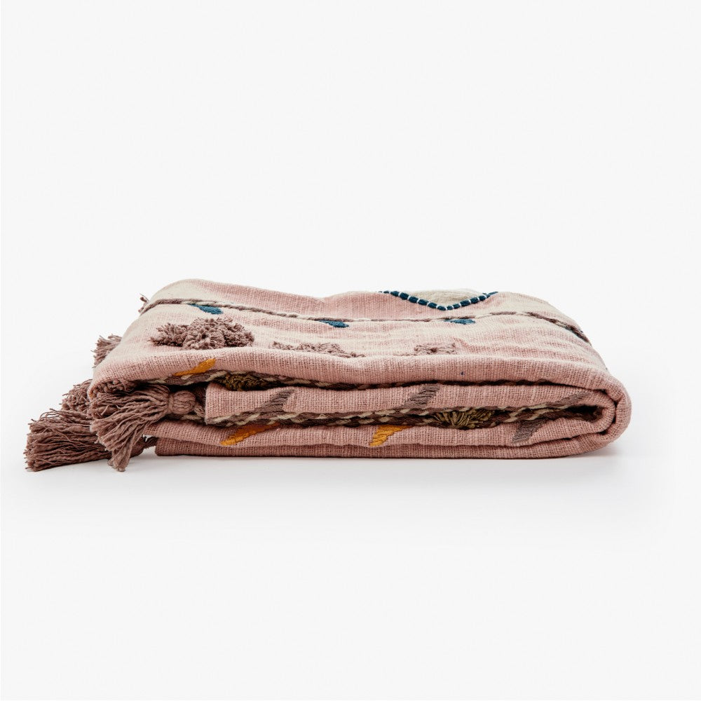 Ryker Cotton Embroidered Throw, Pink, 130x160 cm