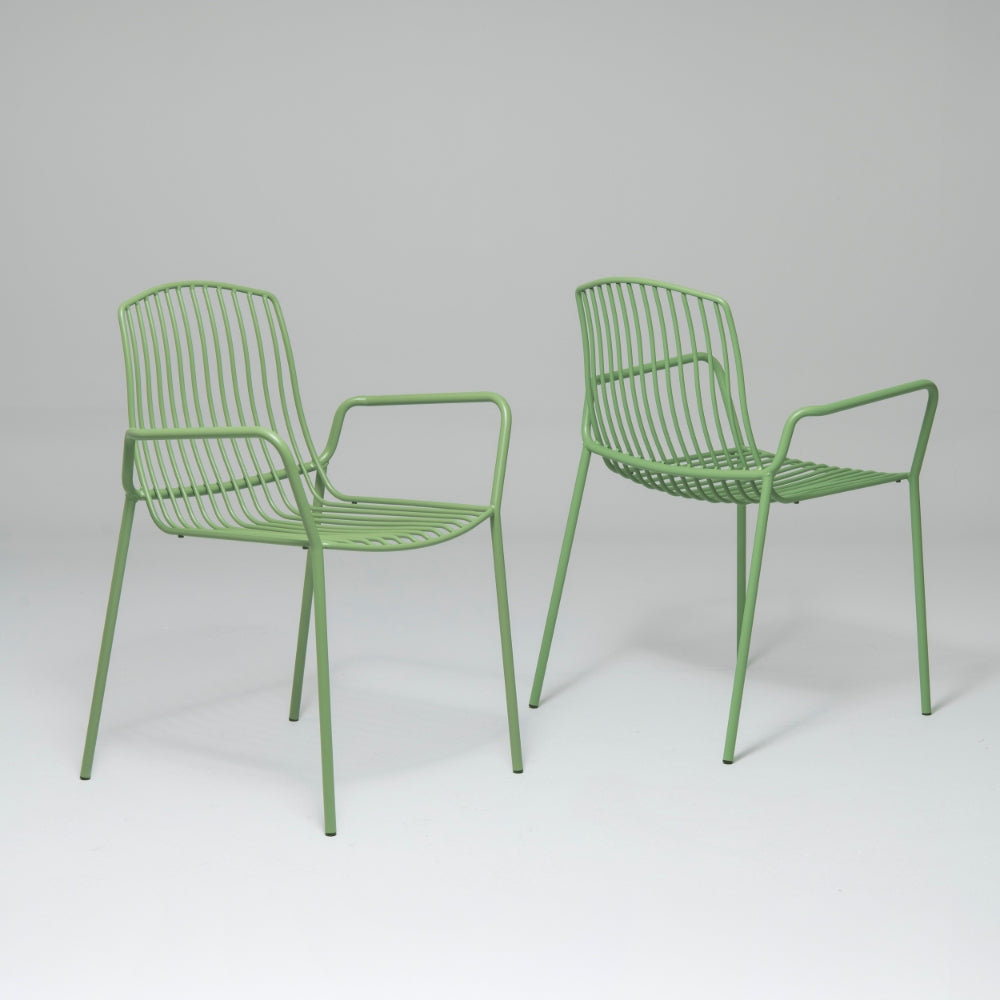 Frame Stackable Metal Garden Chair w/Armrests, Green (Set of 2)