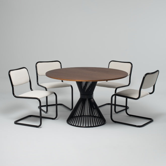 Dining Room Set - Ray Round Dining Table, Brown Ash and Loop Dining Chairs, Black & Stone (Set of 4)