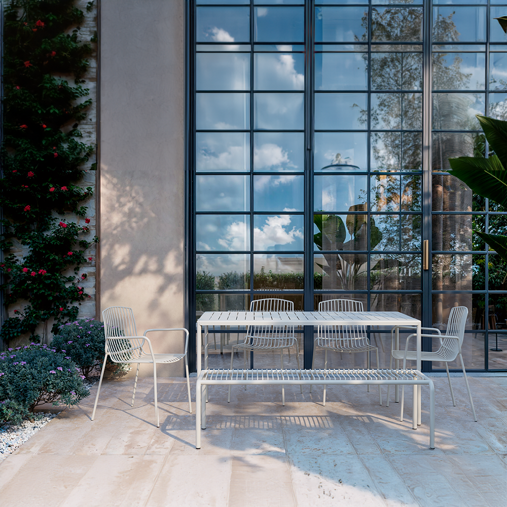 Frame Stackable Metal Garden Chair w/Armrests, Cream (Set of 2)