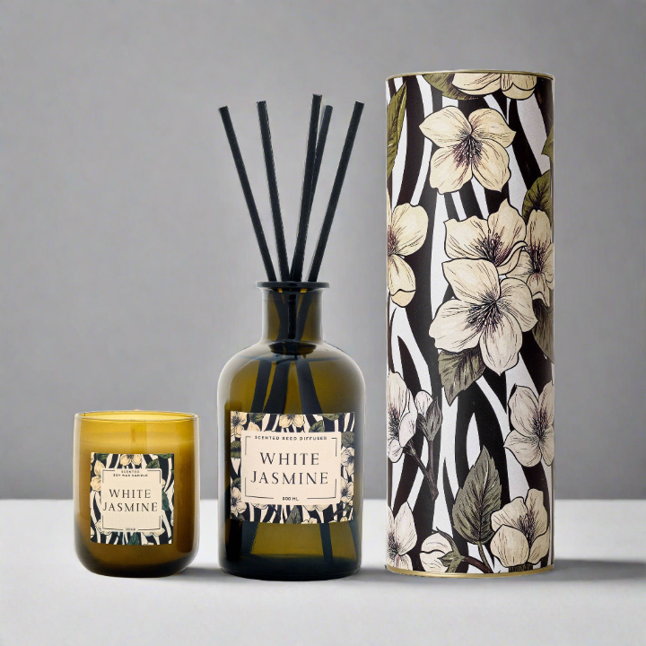 White Jasmine Scented Soy Wax Candle & Reed Diffuser Set