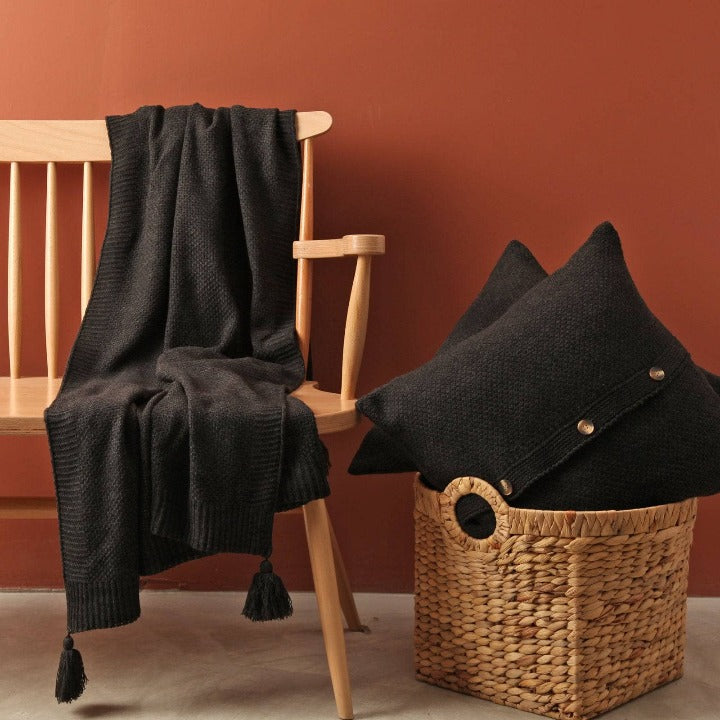 Benjamin Waffle Fringed Knitted Throw, Black, 125x160 cm Throws sazy.com