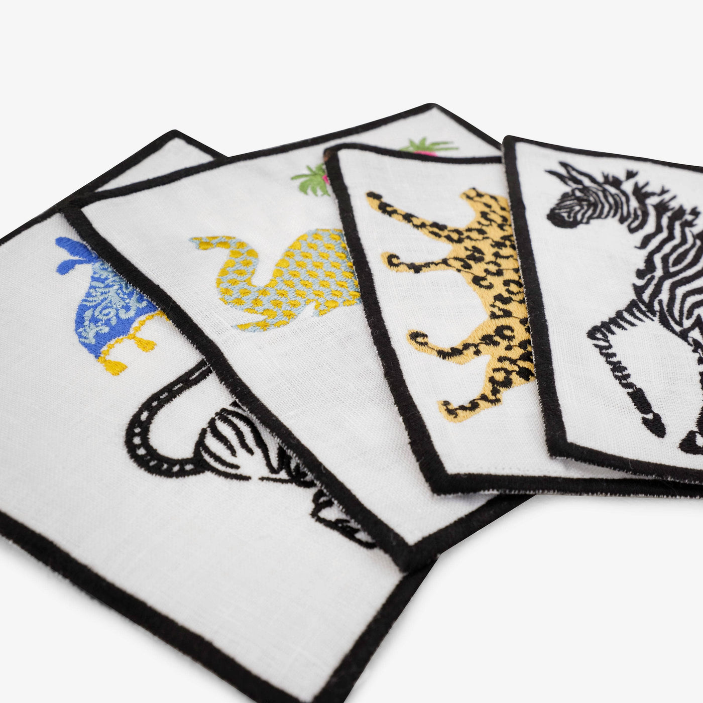 Animals Embroidered Linen Set of 4 Coaster, Blue - Yellow, 15x15 cm 3