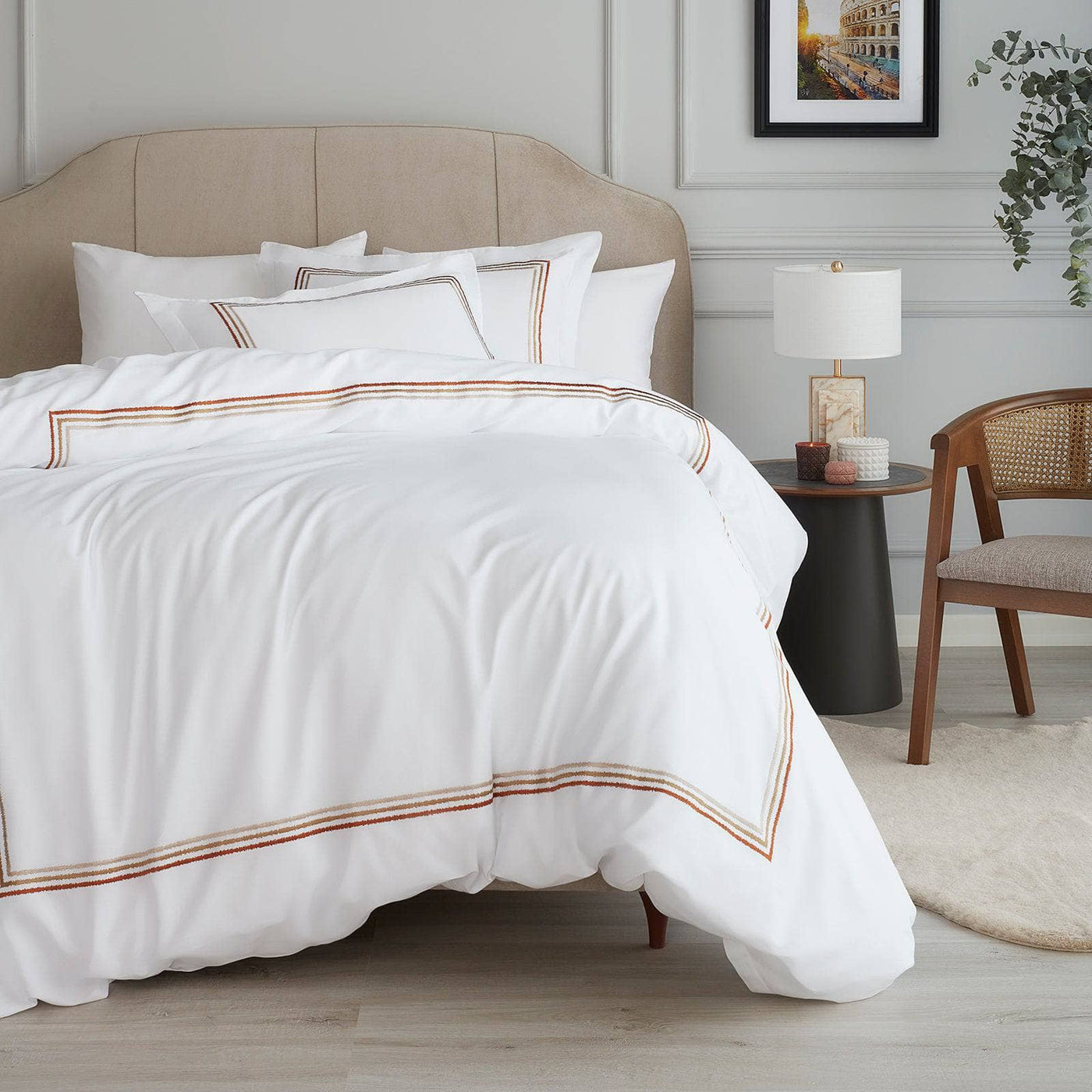 Darcy Embroidered 100% Turkish Cotton 210 TC Duvet Cover Set, White - Mustard, Super King Size Bedding Sets sazy.com