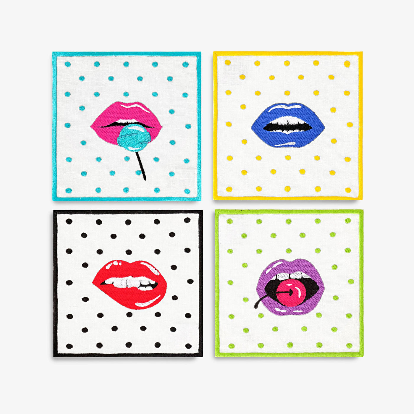 Lips Embroidered Set of 4 Coasters, Multicoloured Coasters sazy.com