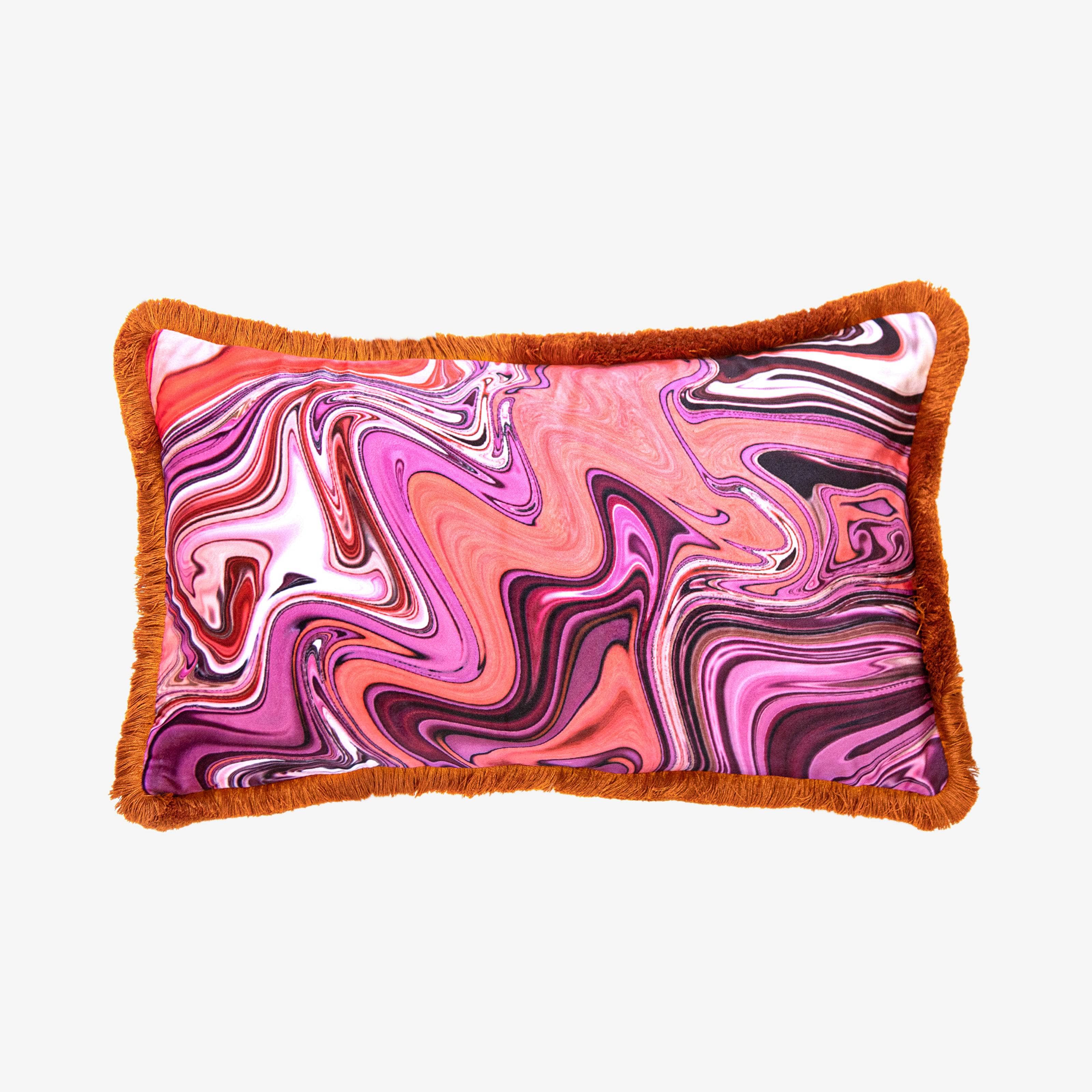 Pink Marble Velvet W. Rich Orange Fringe, Multicoloured, 30x50 cm 1