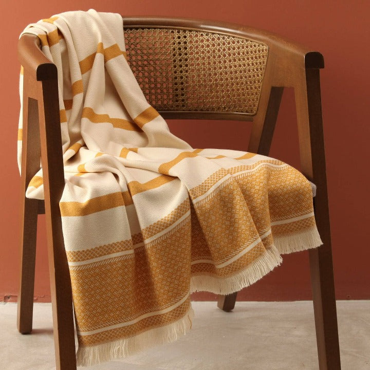 Mediterranean Border Striped Soft Throw, Mustard, 140x190 cm Throws sazy.com