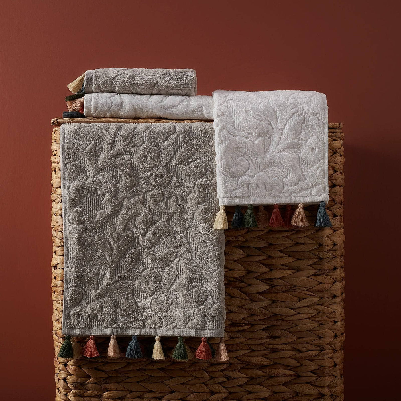 Olivia Set of 2 Velour Jacquard Fringed 100% Turkish Cotton Hand Towel, Off-White, 50x90 cm 4