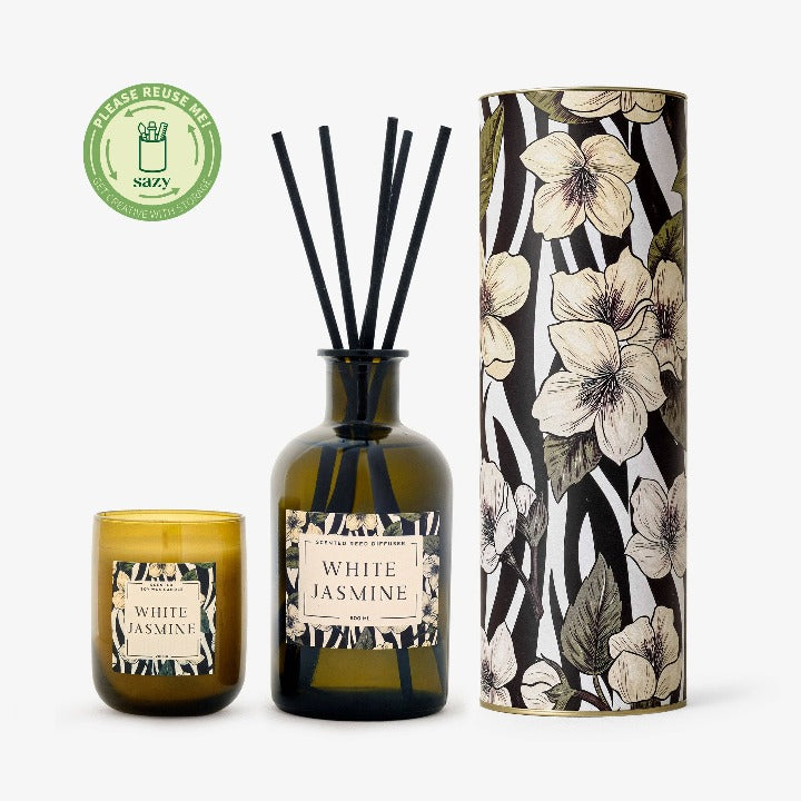 White Jasmine Candle - Diffuser Set, Amber Diffusers sazy.com