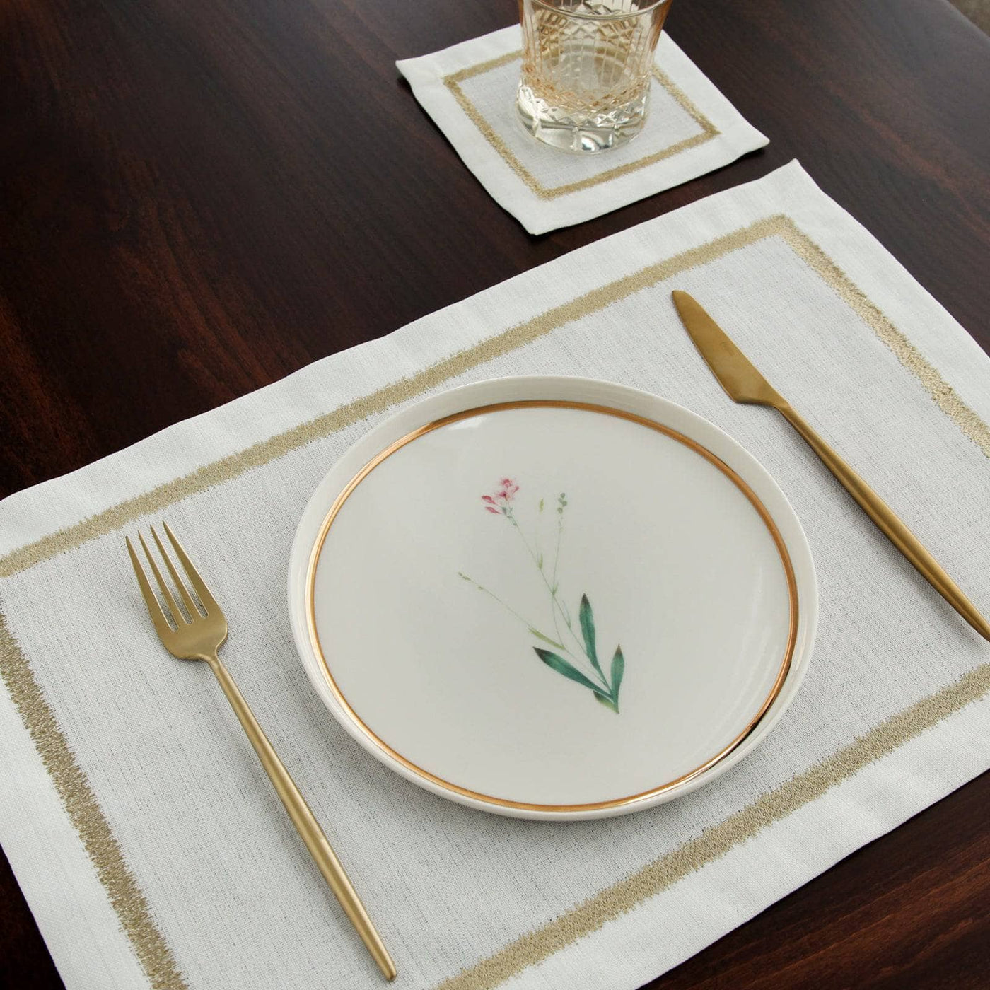 Evelyn Set of 2 Embroidered Placemat and Coaster Set, Gold 2