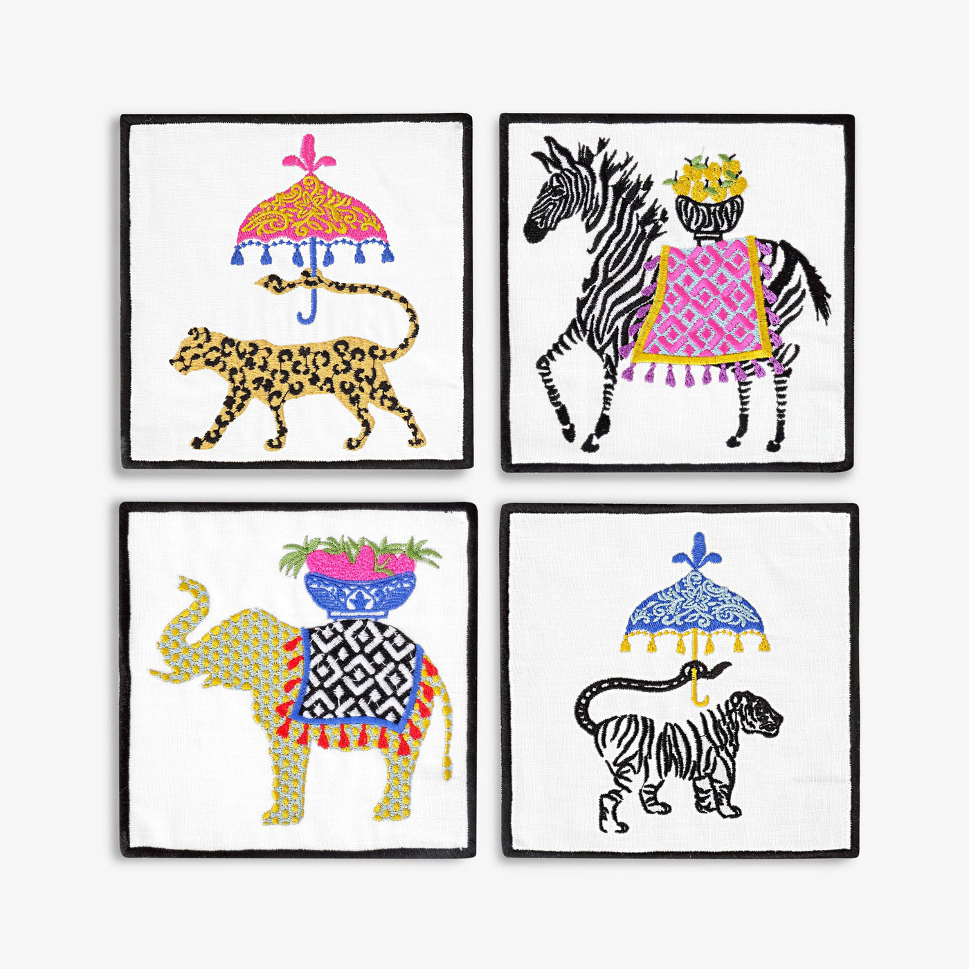 Animals Embroidered Linen Set of 4 Coaster, Blue - Yellow, 15x15 cm 1