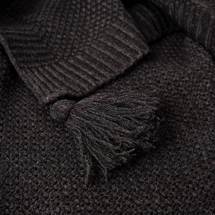 Benjamin Waffle Fringed Knitted Throw, Black, 125x160 cm Throws sazy.com