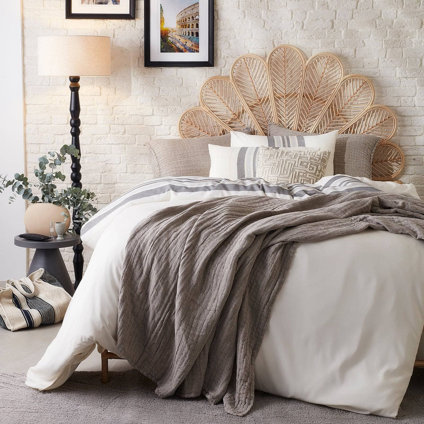 Cara Striped Turkish Cotton Duvet Cover Set + Fitted Sheet, Off-White - Anthracite Grey, Super King Size Bedding Sets sazy.com
