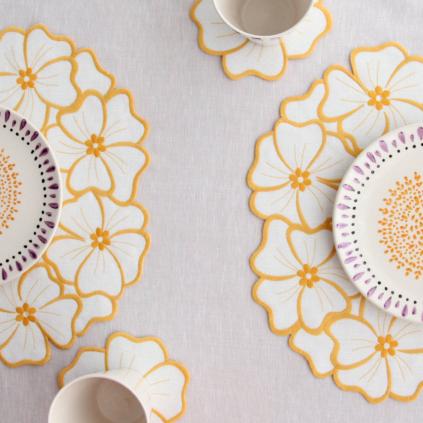 Hannah Embroidered Daisy Placemat and Coaster Set, Yellow 2