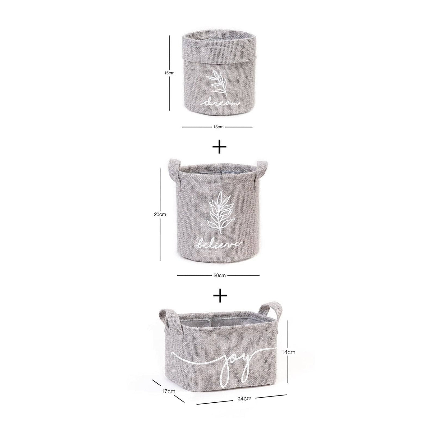 Dream, Believe - Joy Set of 3 Jute Baskets, Grey 2