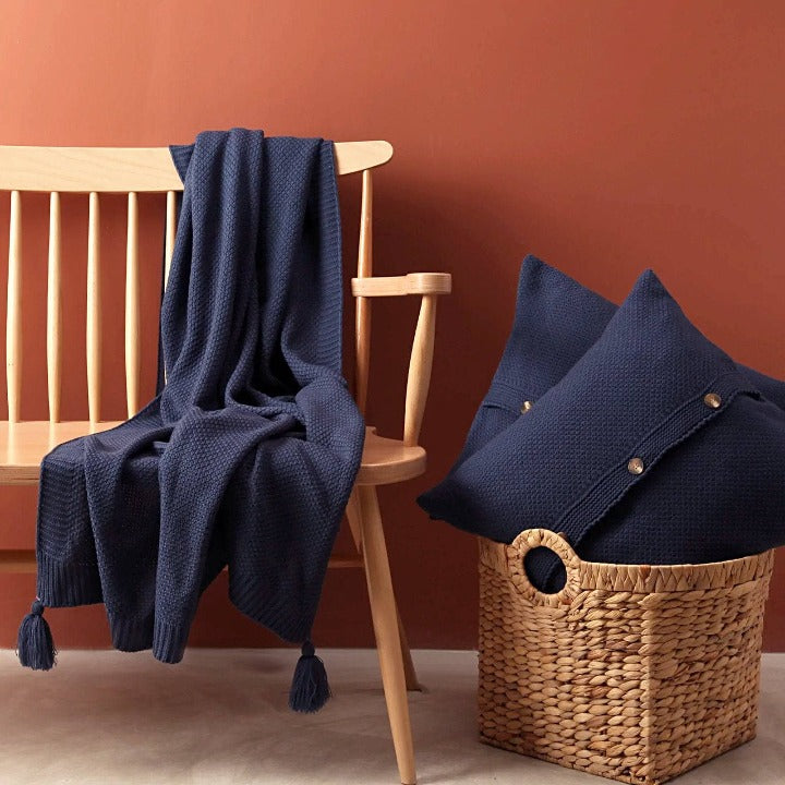 Benjamin Waffle Fringed Knitted Throw, Blue, 125x160 cm Throws sazy.com