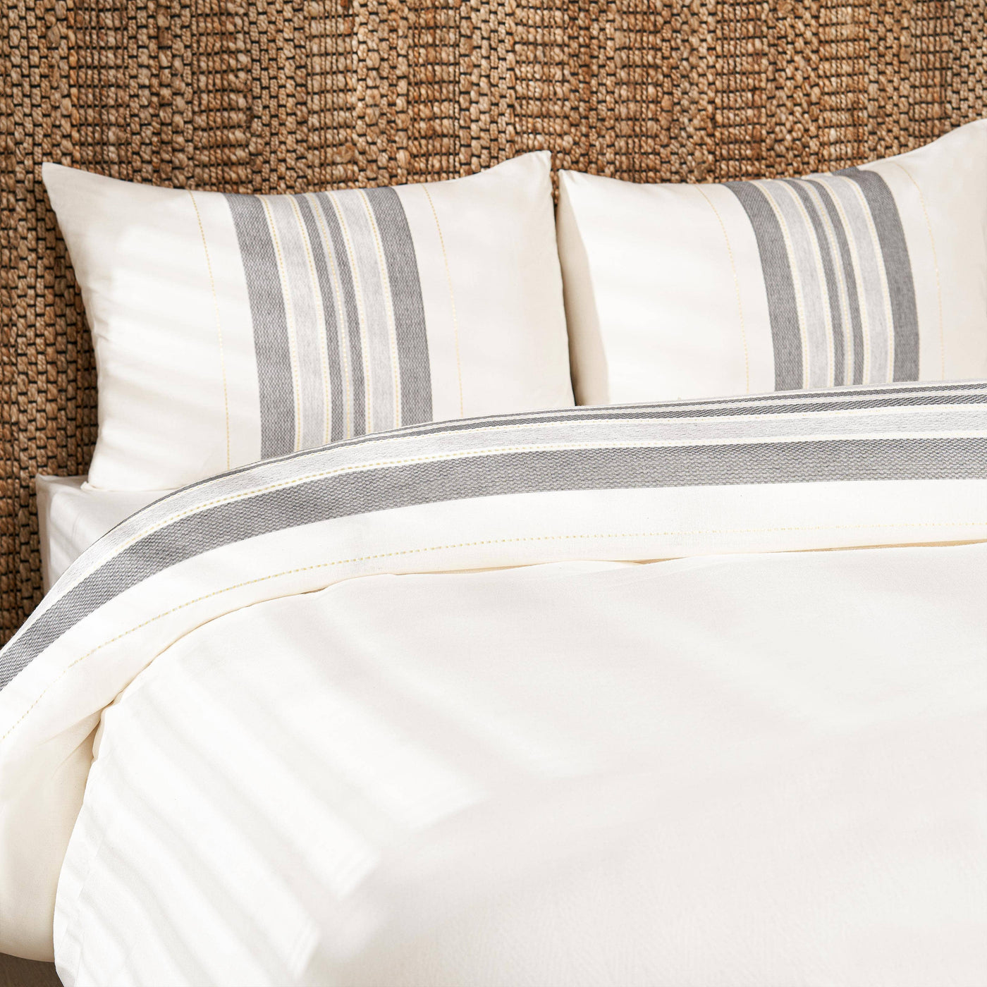 Cara Striped Turkish Cotton Duvet Cover Set + Fitted Sheet, Off-White - Anthracite Grey, King Size Bedding Sets sazy.com