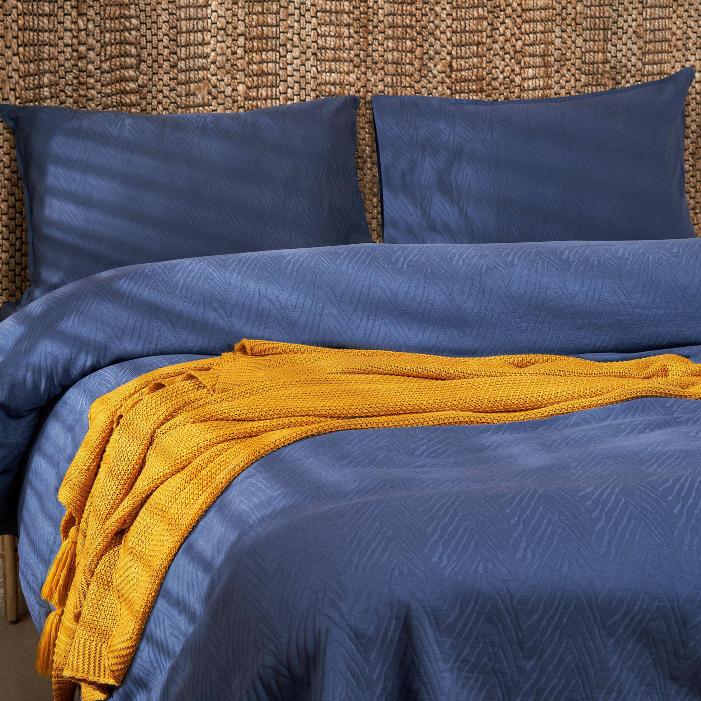 Freddie 100% Turkish Cotton Jacquard 300 TC Duvet Cover Set + Fitted Sheet, Navy, Super King Size Bedding Sets sazy.com